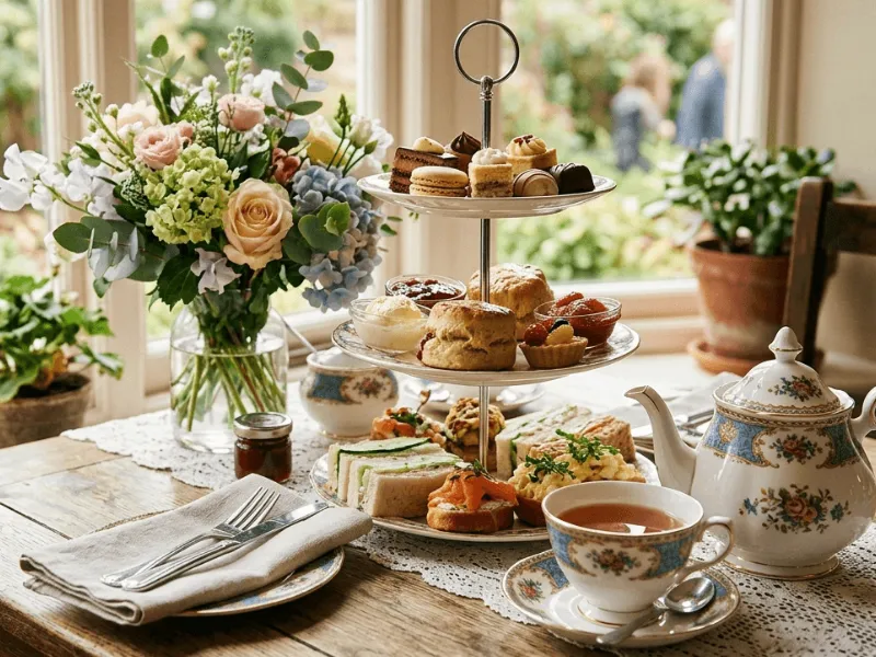 Table with tea, sandwiches and tarts