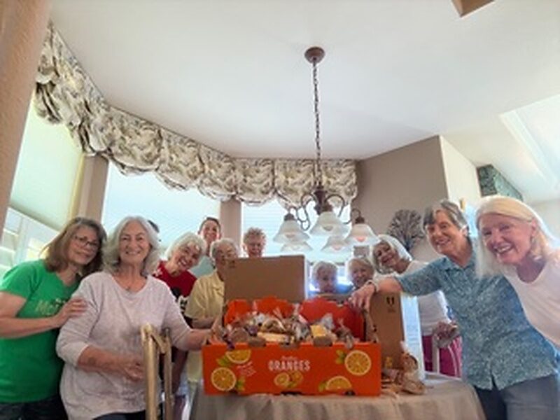 SYNC ladies pose in front of a huge box of cookies they baked and packed